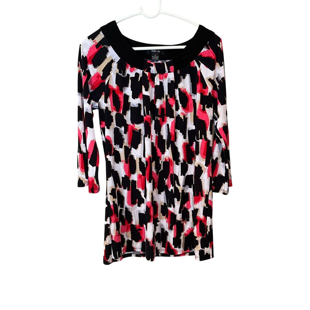 Style&Co Tunic‎ Top 3/4 Sleeve Boat Neck Geometric Print Multicolor Size M NEW